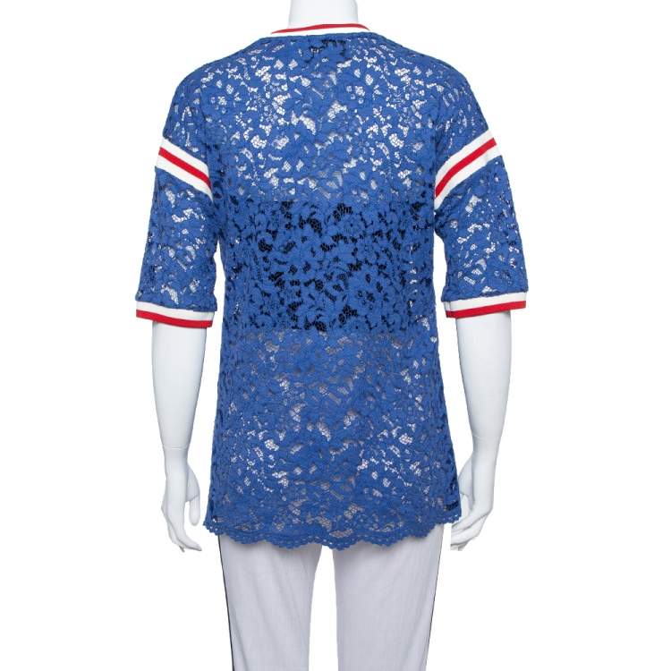 Pre Owned Gucci Blue Floral Lace Butterfly Applique Detail top XL