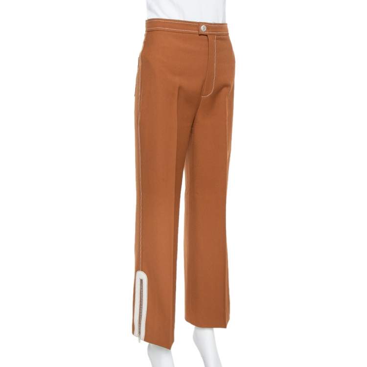 Pre Owned Gucci Brown Wool Contrast Zip Detail Straight Leg Trousers S
