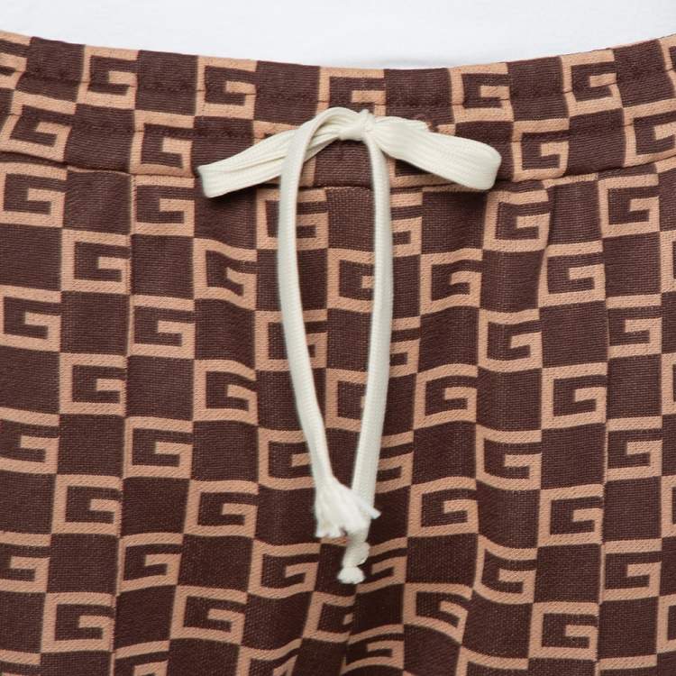 Pre Owned Gucci Brown Logo Intarsia Knit Side Stripe & Applique Detail Mid-Rise Trousers XS