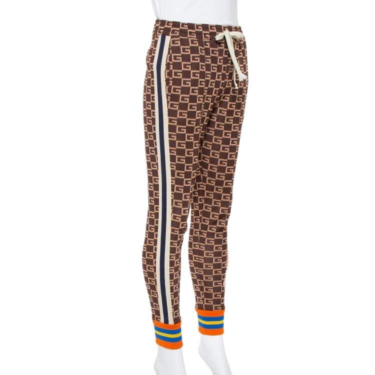 Pre Owned Gucci Brown Logo Intarsia Knit Side Stripe & Applique Detail Mid-Rise Trousers XS