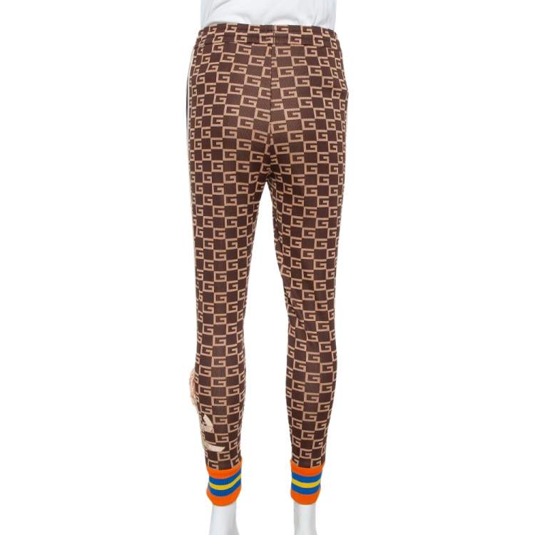 Pre Owned Gucci Brown Logo Intarsia Knit Side Stripe & Applique Detail Mid-Rise Trousers XS