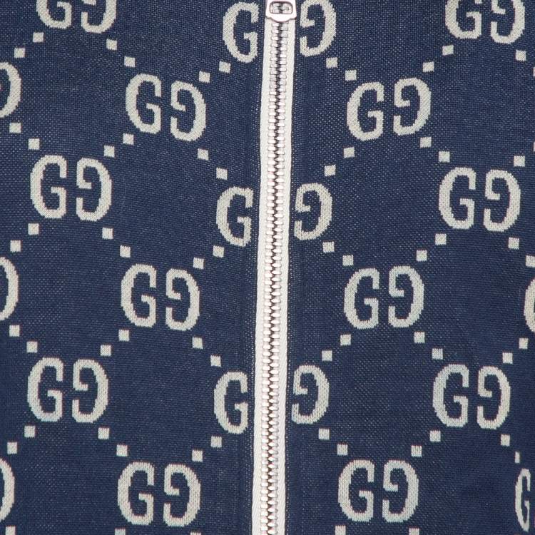 Pre Owned Gucci Navy Blue GG Jacquard Cotton Zipper Front Jacket M
