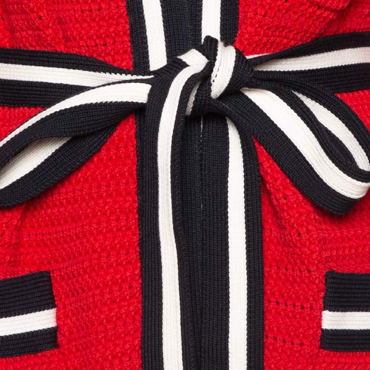 Pre Owned Gucci Red Knit Contrast Trim Detail Open Front Belted Cardigan S