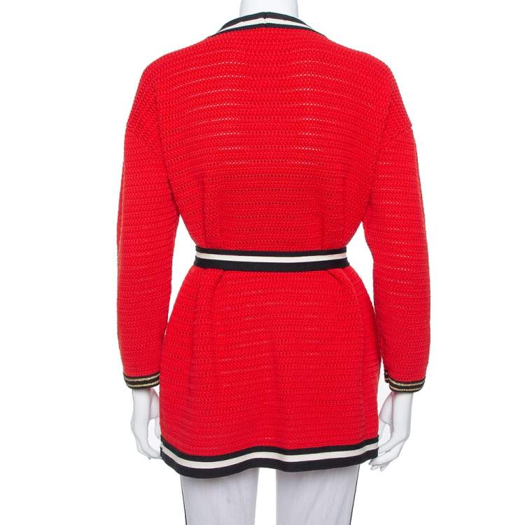 Pre Owned Gucci Red Knit Contrast Trim Detail Open Front Belted Cardigan S