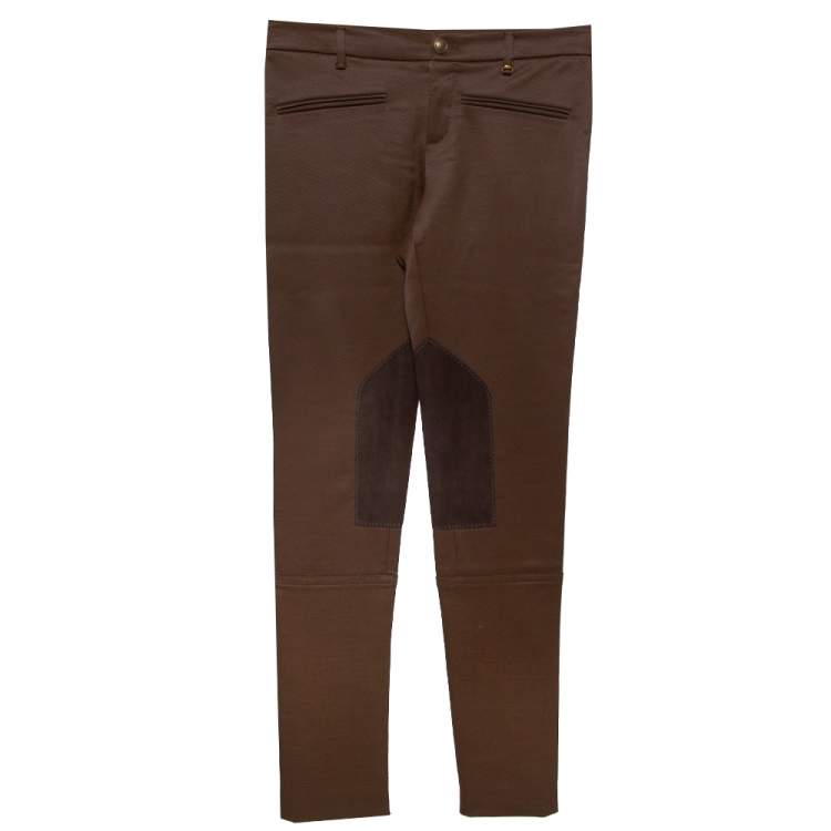Pre Owned Gucci Brown Cotton & Wool Leather Patch Detail Paneled Tapered Trousers S