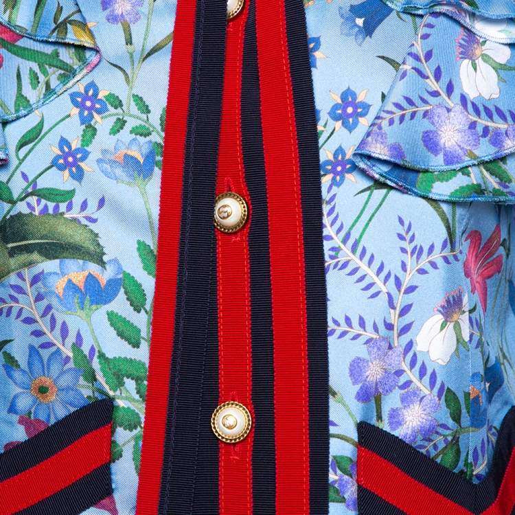 Pre Owned Gucci Blue Neck Tie Detail Flora Silk Jacket M