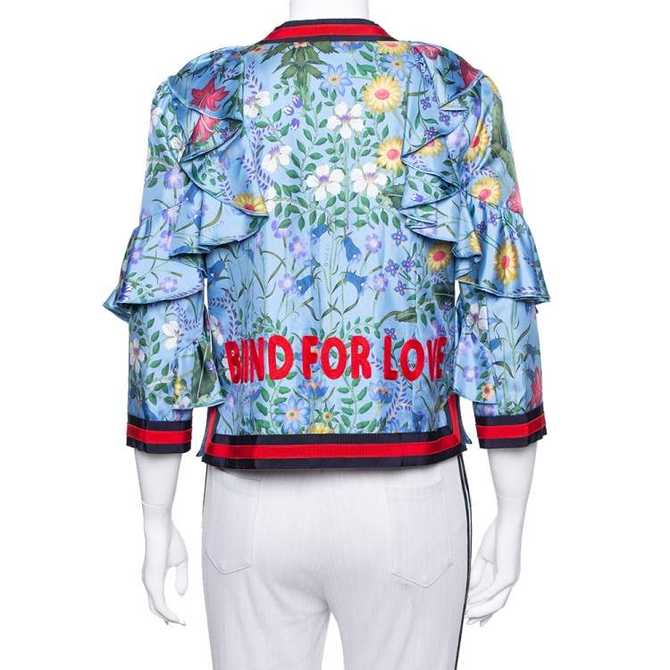 Pre Owned Gucci Blue Neck Tie Detail Flora Silk Jacket M