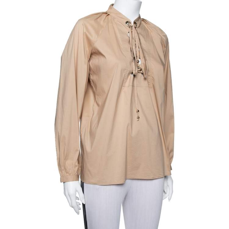 مملوكة مسبقًا Gucci Beige Cotton Criss Cross Tie Detail Top M