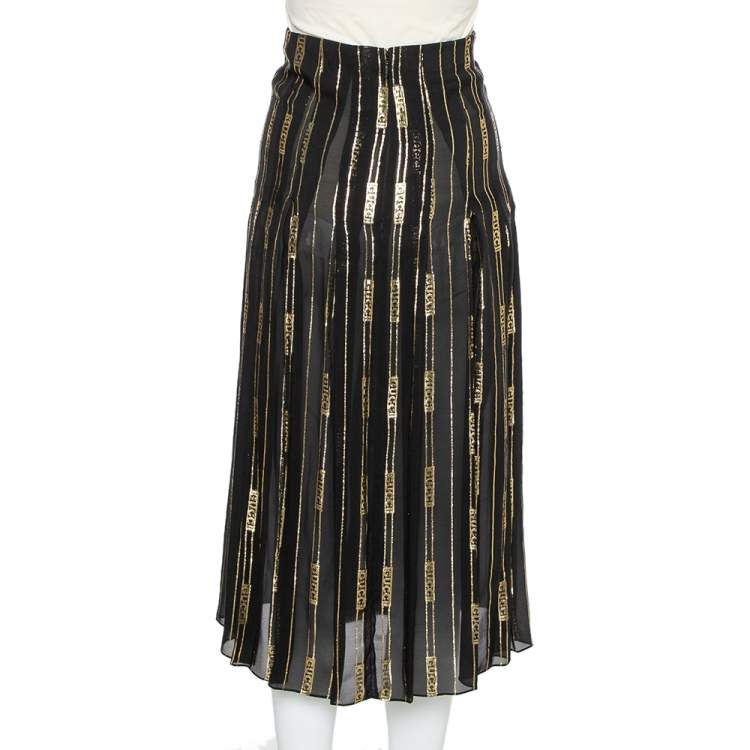 Pre Owned Gucci X Dapper Dan Black & Gold Silk Logo Detail Pleated Midi Skirt XS