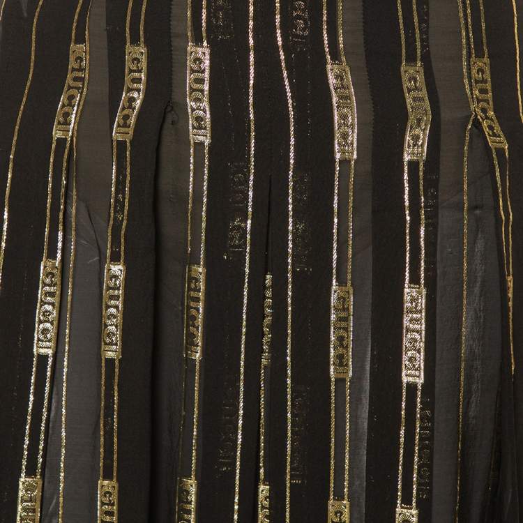 Pre Owned Gucci X Dapper Dan Black & Gold Silk Logo Detail Pleated Midi Skirt XS
