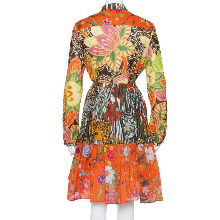 Pre Owned Gucci Multicolor Printed Cotton Belted Tiered Midi Dress L