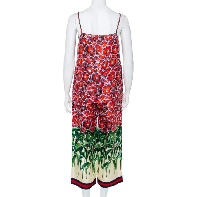 Pre Owned Gucci Red Garden Printed Silk Camisole & Wide Leg Pants Set S