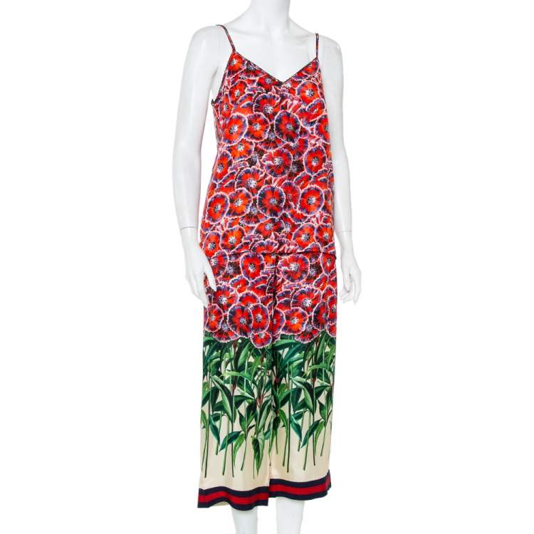 Pre Owned Gucci Red Garden Printed Silk Camisole & Wide Leg Pants Set S