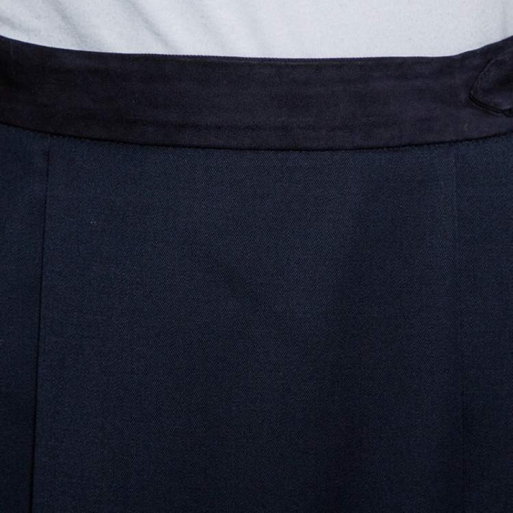 Pre Owned Gucci Vintage Navy Blue Wool Pleated Wrap Detail Knee Length Skirt S