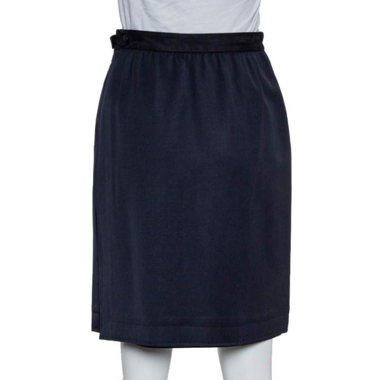Pre Owned Gucci Vintage Navy Blue Wool Pleated Wrap Detail Knee Length Skirt S