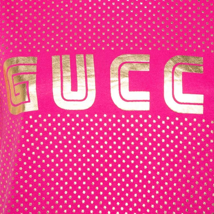 Pre Owned Gucci Fuchsia Star & Guccy Logo Printed Cotton Crewneck T-shirt XS