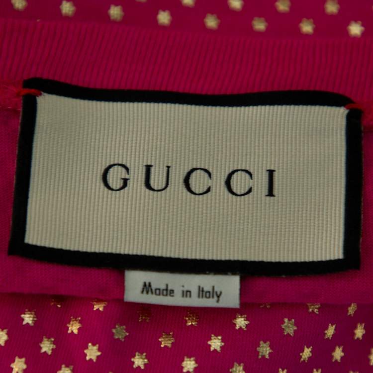 Pre Owned Gucci Fuchsia Star & Guccy Logo Printed Cotton Crewneck T-shirt XS