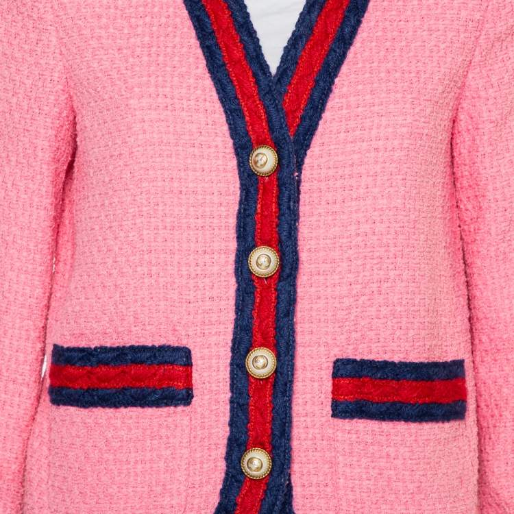 Pre Owned Gucci Pink Tweed Striped Detail Pearl Button Front Jacket M