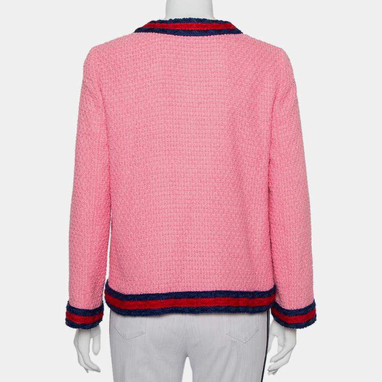 Pre Owned Gucci Pink Tweed Striped Detail Pearl Button Front Jacket M