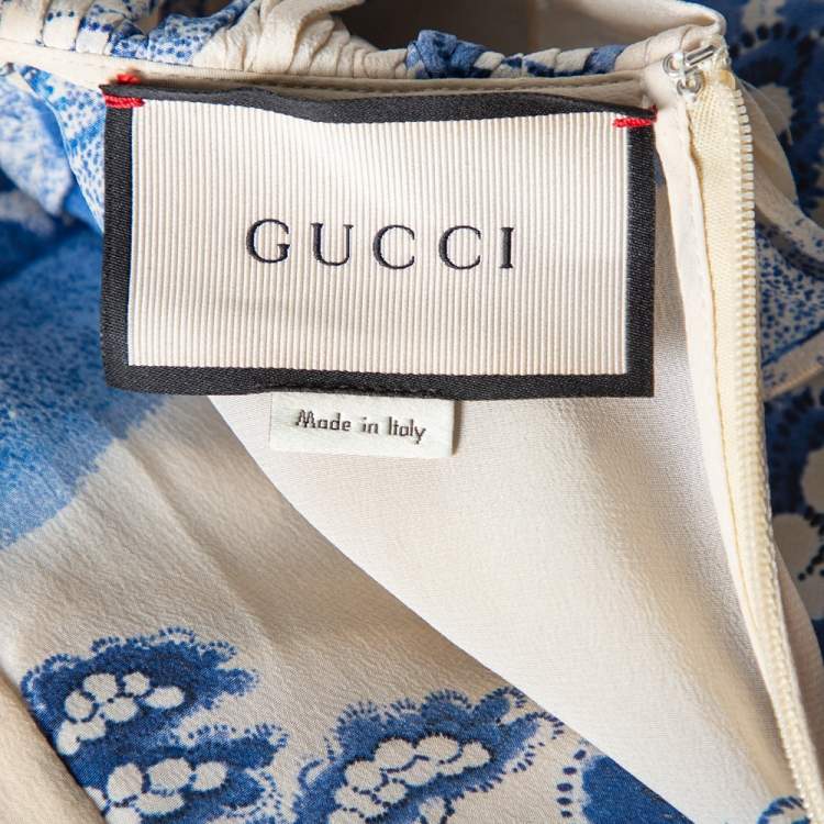 Pre Owned Gucci Cream & Navy Blue Porcelain Garden Printed Silk Ruffled Maxi Dress XXL