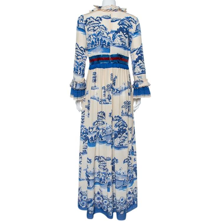 Pre Owned Gucci Cream & Navy Blue Porcelain Garden Printed Silk Ruffled Maxi Dress XXL