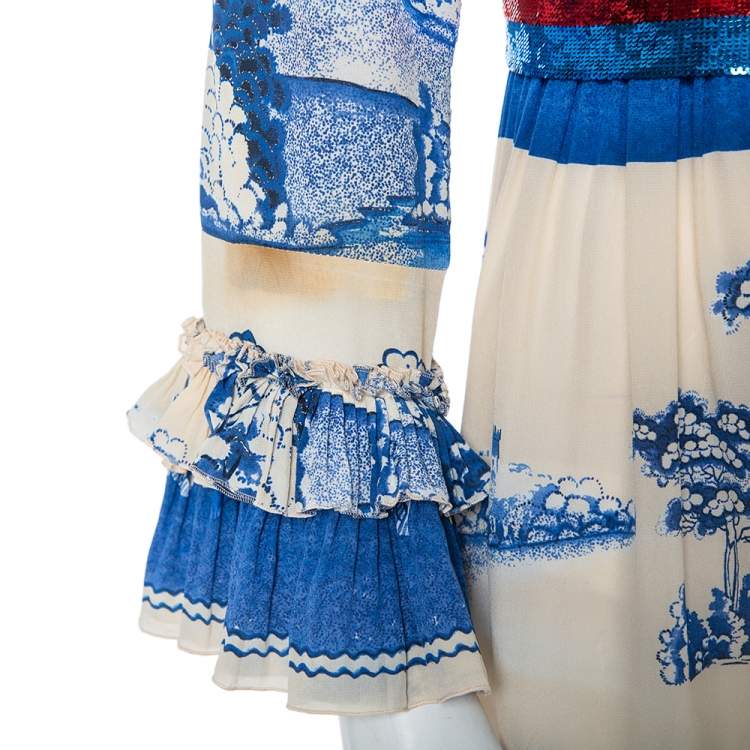 Pre Owned Gucci Cream & Navy Blue Porcelain Garden Printed Silk Ruffled Maxi Dress XXL