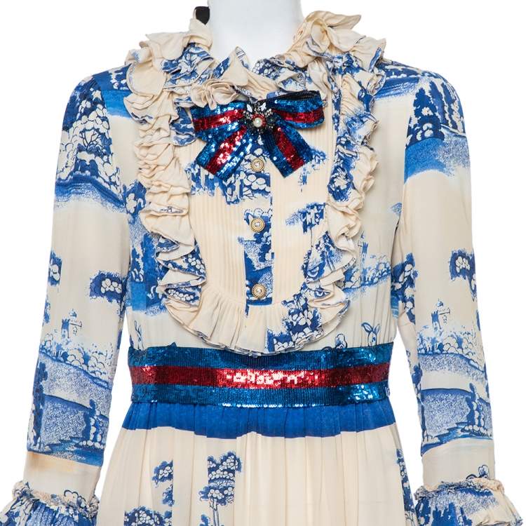 Pre Owned Gucci Cream & Navy Blue Porcelain Garden Printed Silk Ruffled Maxi Dress XXL