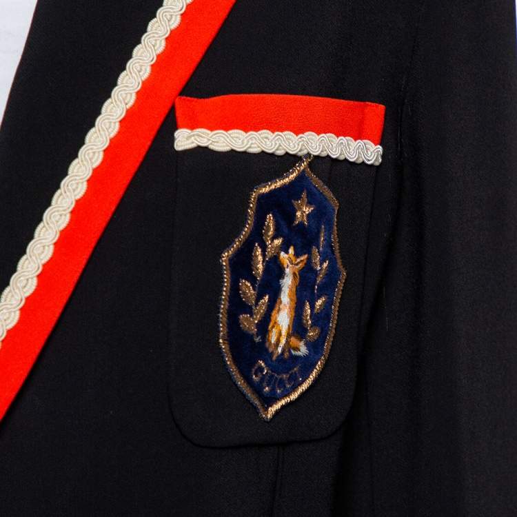 Pre Owned Gucci Black Crepe Fox Badge Contrast Trim Detail Blazer M