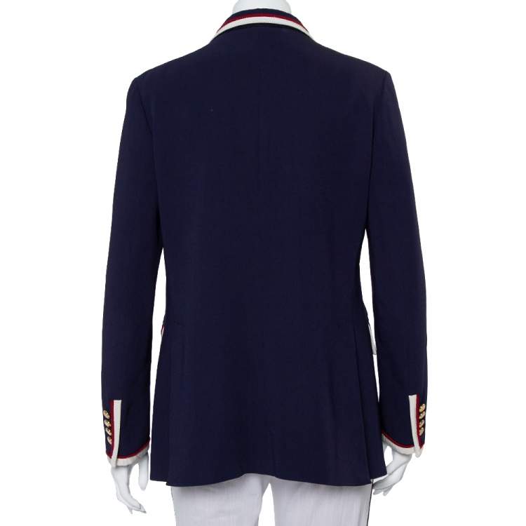 Pre Owned Gucci Navy Blue Crepe Contrast Trim Detail Button Front Blazer L