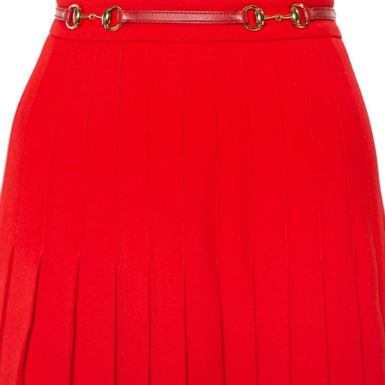 Pre Owned Gucci Red Wool Pleated Leather Belt Detail Midi Skirt M