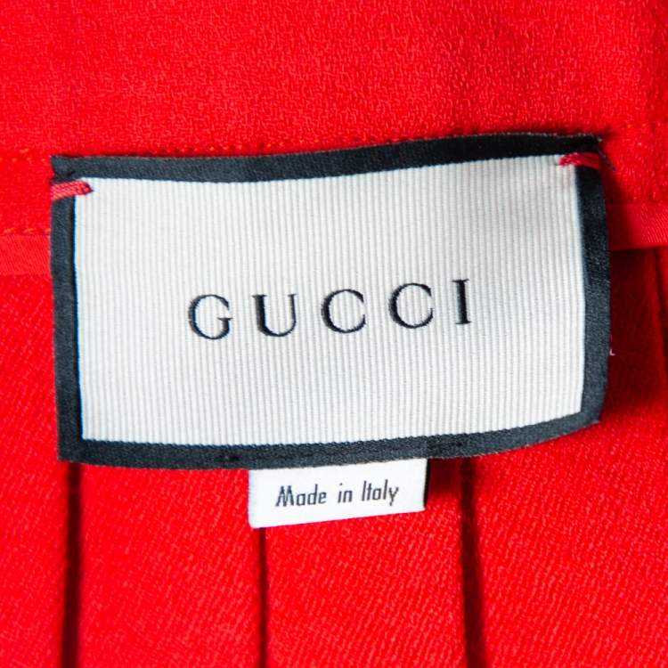 Pre Owned Gucci Red Wool Pleated Leather Belt Detail Midi Skirt M