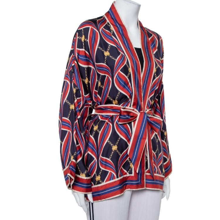 Pre Owned Gucci Navy Blue & Red Ribbon Printed Silk Open Fronted Belted Kimono Top M