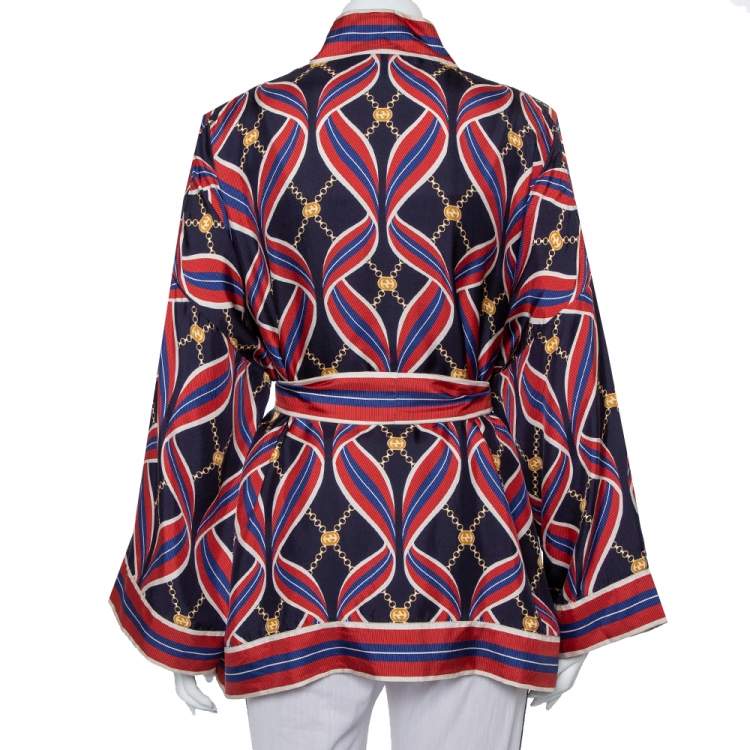 Pre Owned Gucci Navy Blue & Red Ribbon Printed Silk Open Fronted Belted Kimono Top M