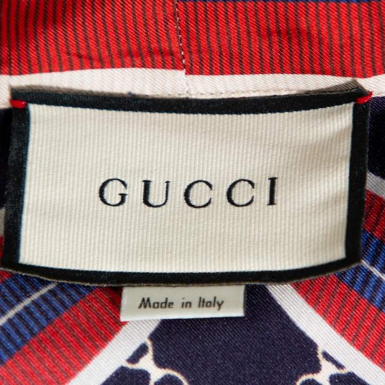 Pre Owned Gucci Navy Blue & Red Ribbon Printed Silk Open Fronted Belted Kimono Top M
