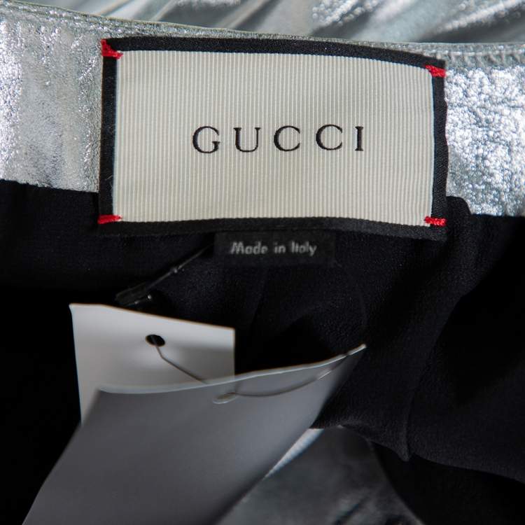 Pre Owned Gucci Metallic Silver Leather Pleated Midi Skirt S