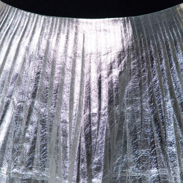 Pre Owned Gucci Metallic Silver Leather Pleated Midi Skirt S