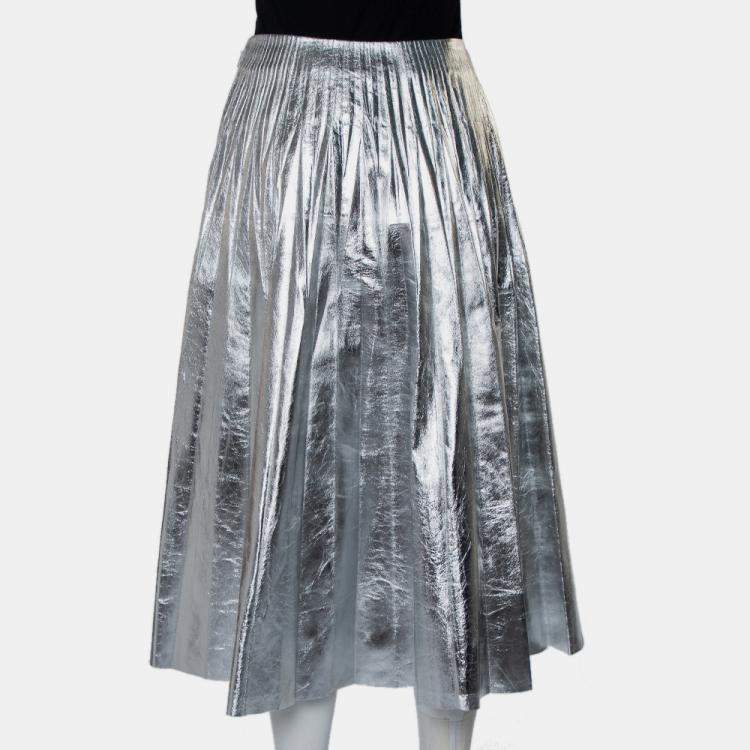 Pre Owned Gucci Metallic Silver Leather Pleated Midi Skirt S