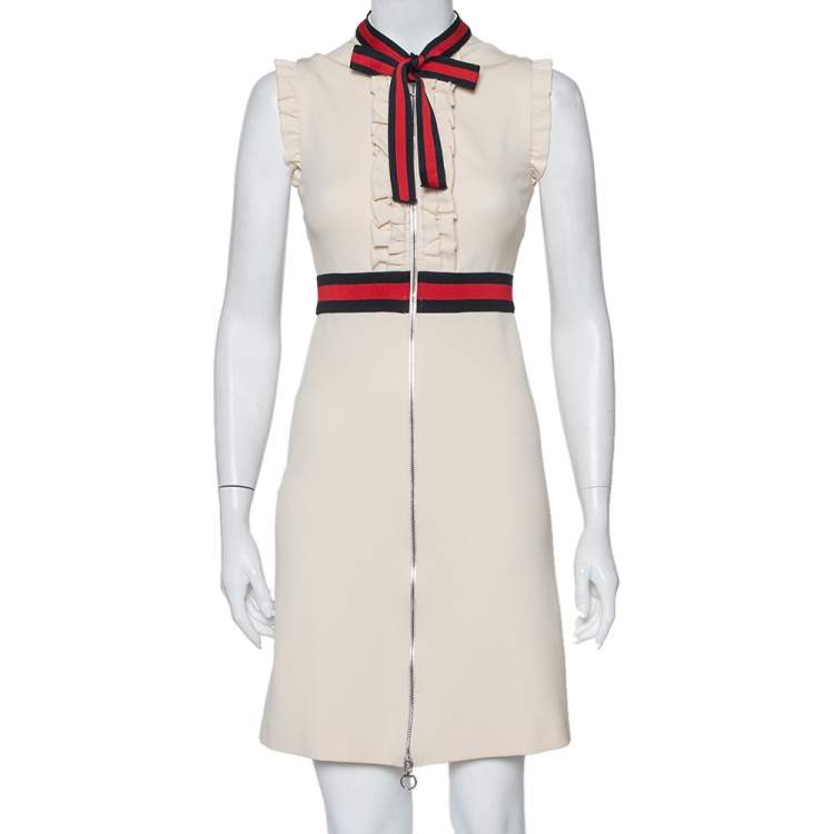 Gucci Cream Jersey Web Stripe Neck Tie Detail Zip Front Mini Dress XS ...