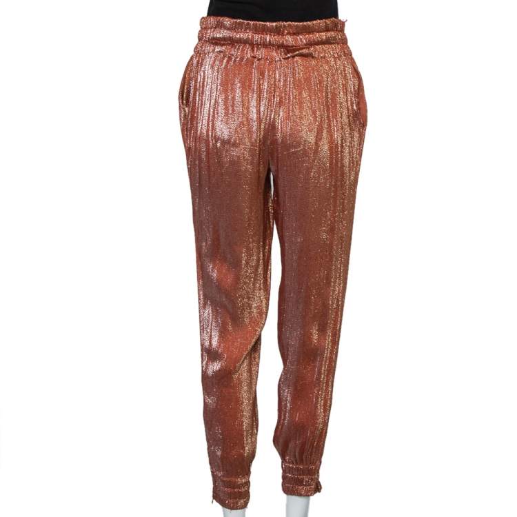 Pre Owned Gucci Rust Brown Lamé Waist Tie Detail Joggers S