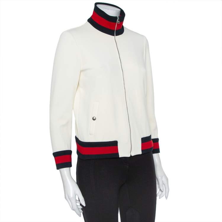 Pre Owned Gucci Off White Knit Striped Trim Detail Zip Front Jacket L