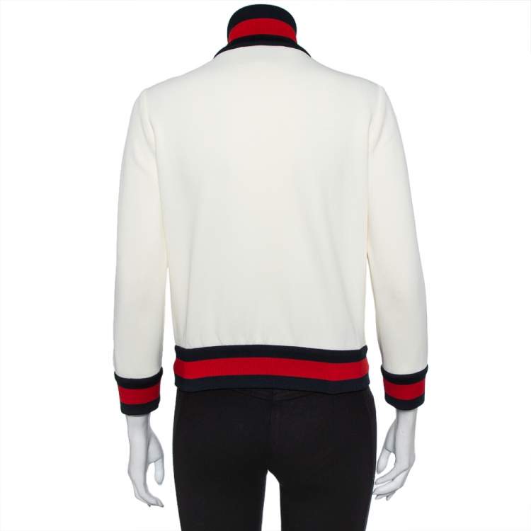Pre Owned Gucci Off White Knit Striped Trim Detail Zip Front Jacket L