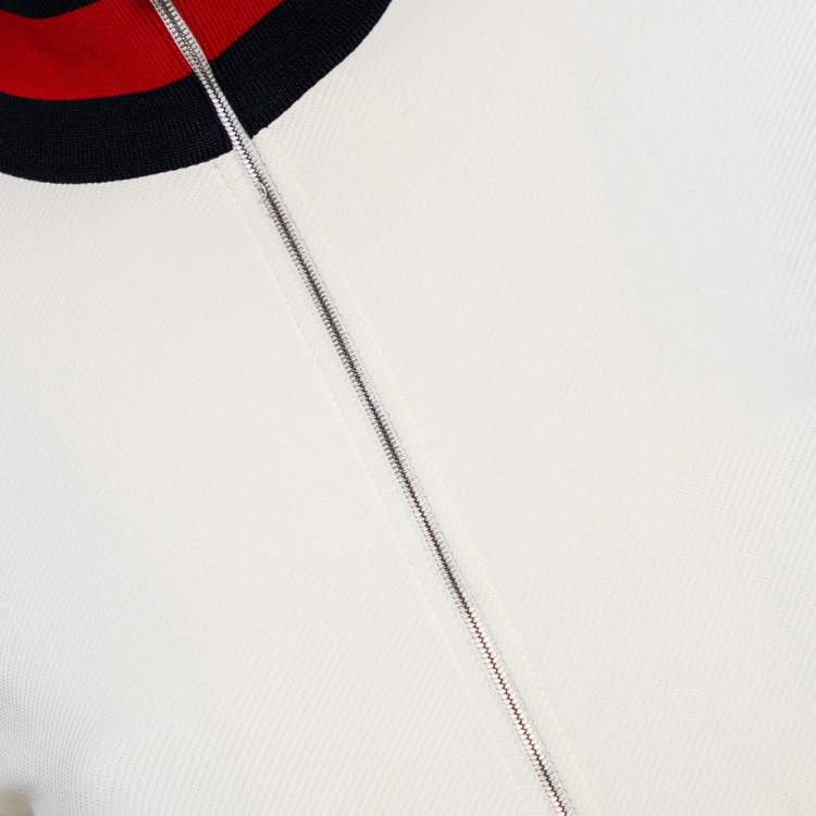 Pre Owned Gucci Off White Knit Striped Trim Detail Zip Front Jacket L