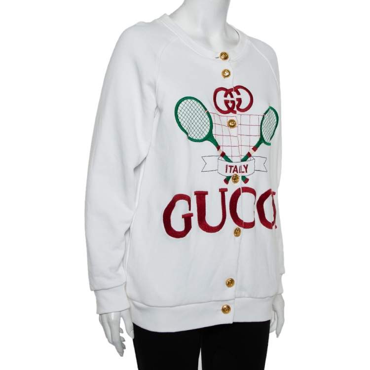 Pre Owned Gucci White Cotton & Silk Tennis Racket Embroidered Button Front Reversible Jacket S