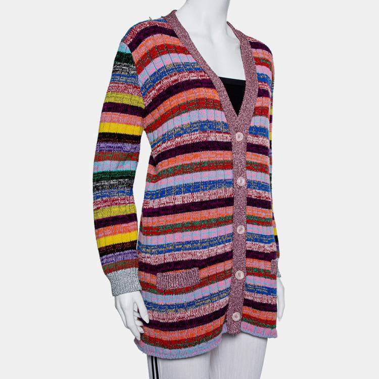 Pre Owned Gucci Multicolor Lurex Knit & Silk Reversible Button Front Cardigan L