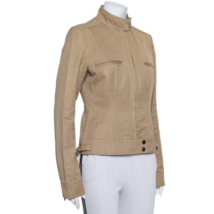 Pre Owned Gucci Camel Brown Cotton Canvas Stand Collar Jacket M