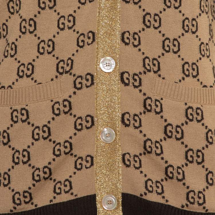 Pre Owned Gucci Beige Logo Monogram Wool Metallic Trim Detail Button Front Cardigan S