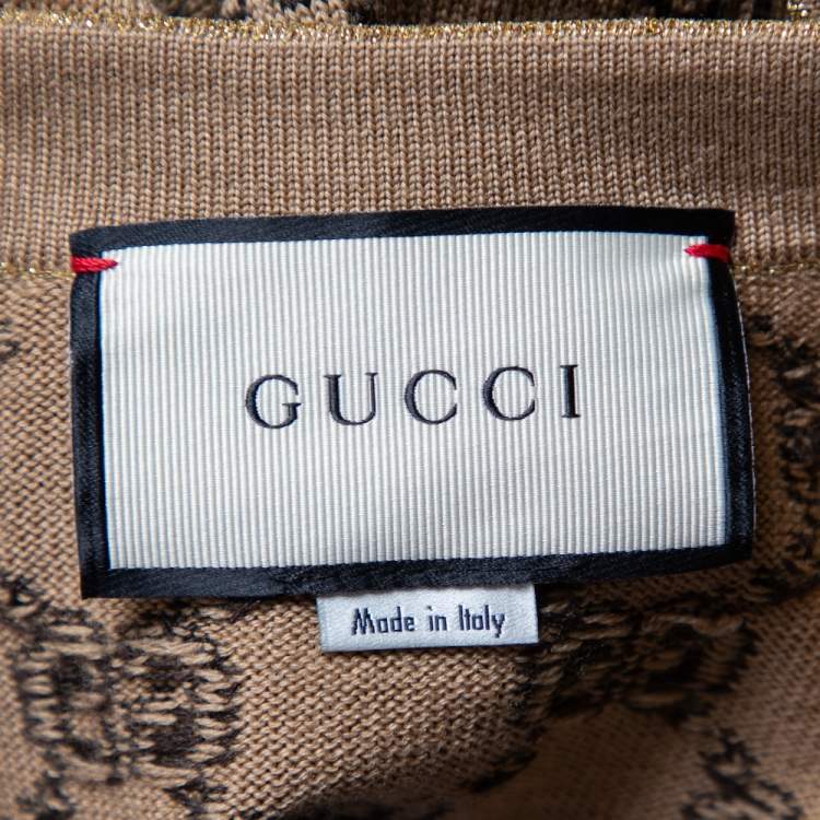 Pre Owned Gucci Beige Logo Monogram Wool Metallic Trim Detail Button Front Cardigan S