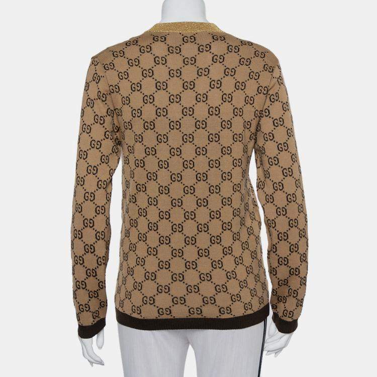 Pre Owned Gucci Beige Logo Monogram Wool Metallic Trim Detail Button Front Cardigan S