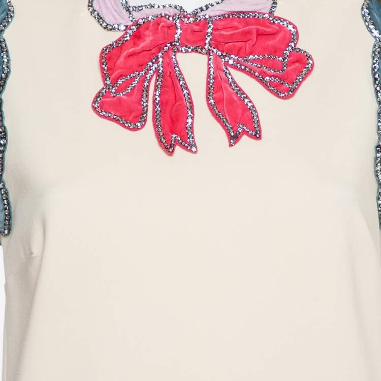 Pre Owned Gucci Cream Knit Crystal Embellished Velvet Trim Detail Shift Dress M