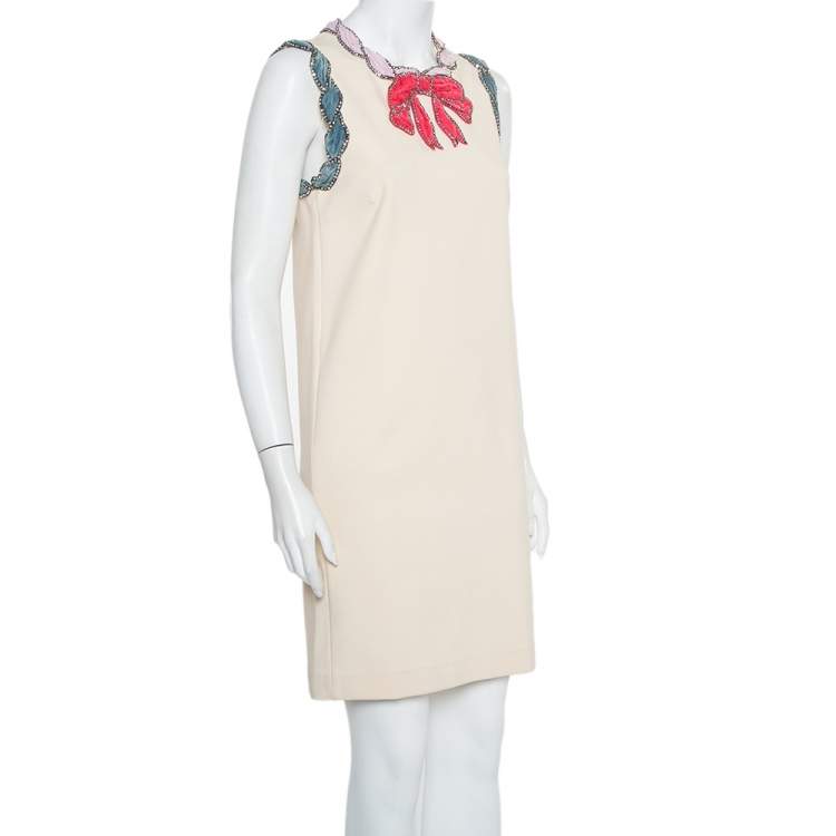 Pre Owned Gucci Cream Knit Crystal Embellished Velvet Trim Detail Shift Dress M